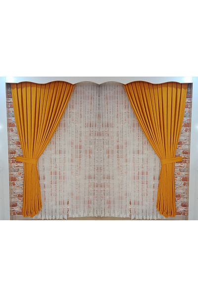 FİGENSİ Double Winged Mustard Yellow Velvet Curtain - Tight Pleated Planting V-16