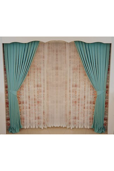 FİGENSİ Light Turquoise Color Background Velvet Curtain Double Wing 1/3 Close Pleated Planting V-21