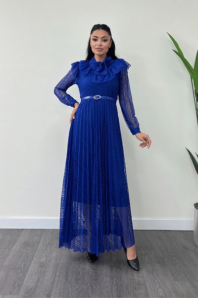 giyimmasalı SAX BLUE Lace Fabric Maxi Pleated Dress