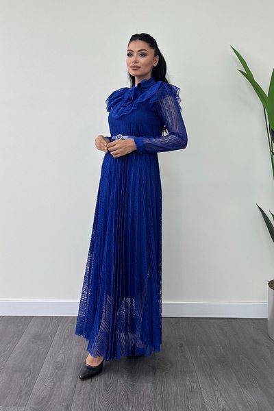 giyimmasalı SAX BLUE Lace Fabric Maxi Pleated Dress