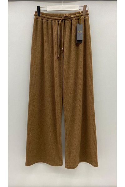 AKŞEN GİYİM Plus Size Woven Ribbed Knitwear Palazzo Model Waist Lace-Up Wide Winter Trousers