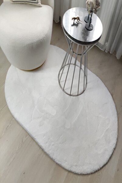 DEKOMOD Post, Peluş, Oval Halı Beyaz Tüylü Yumuşak, Yıkanabilir, Kaymaz Taban Dekoratif Aksesuar Dekor Halı