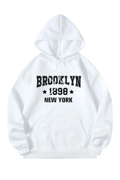 MODAGEN Unisex Λευκό Μπρούκλιν Νέα Υόρκη 1898 Μαύρο εμπριμέ με κουκούλα oversize φούτερ