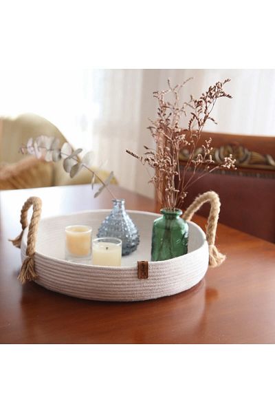 CraftNest Ecru Wicker Handle Basket / Elegan Elegance for Decorative Objects / Table Decoration / Handmade Tray