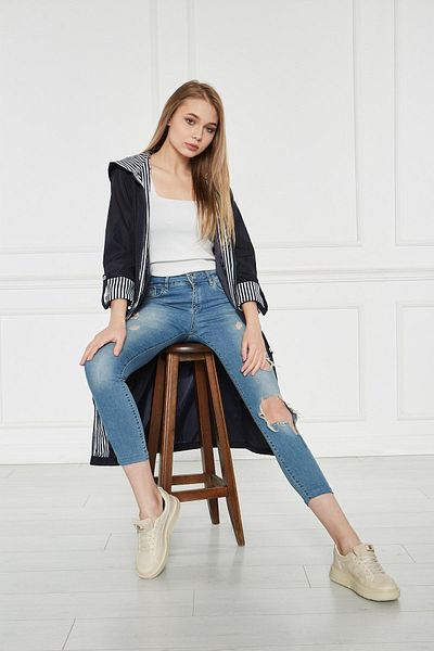 comstar Women's Drawstring Water Repellent Navy Hooded Loose Trench Coat