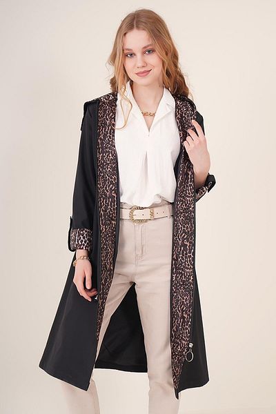 comstar Women's Drawstring Water Repellent Leopard Hooded Loose Trench Coat
