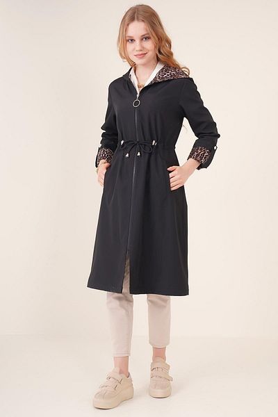 comstar Women's Drawstring Water Repellent Leopard Hooded Loose Trench Coat