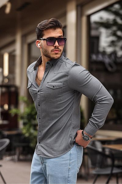 comstar Ανδρικό πουκάμισο με λεπτή εφαρμογή Basic Smoked Denim με τσέπες με κουμπωτά