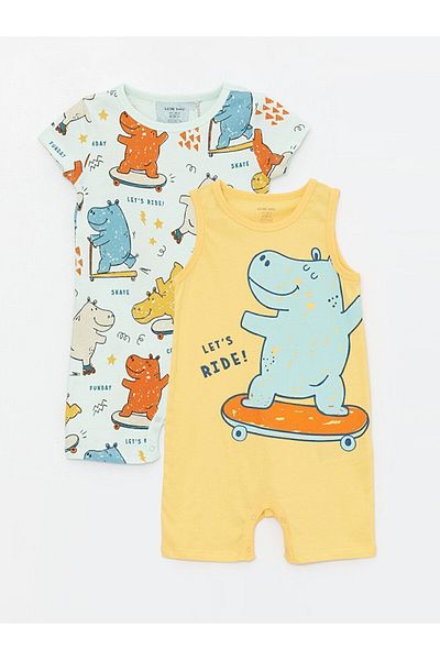 LC Waikiki LCW Baby Boy Jumpsuit - Crew Neck, Short Sleeve, Printed, 2 Pack