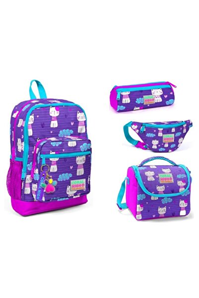 Coral High Leylak/Pembe Kedi Desenli Kız Çocuk İlkokul Çanta Seti - Dört Parç...
