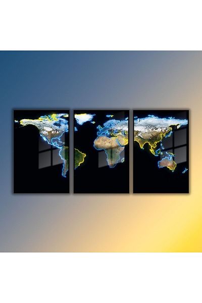 GAAGART Set of 3 Metal Framed Glass Painting Neon World Map