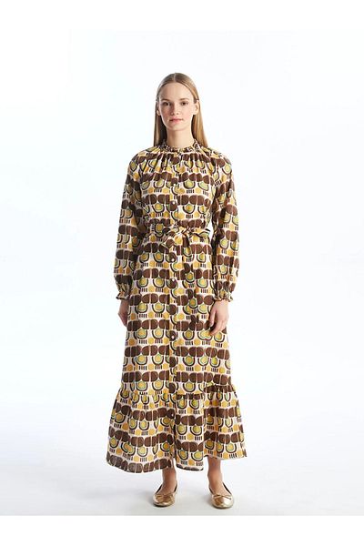 LC Waikiki LCW Modest Stand Collar Print Long Sleeve Women's Shirt Dress