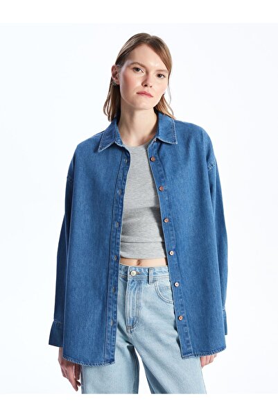LC Waikiki Düz Uzun Kollu Oversize Kadın Jean Gömlek