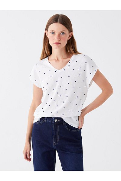 LC Waikiki V-Neck Polka Dot Short Sleeve Women's T-Shirt