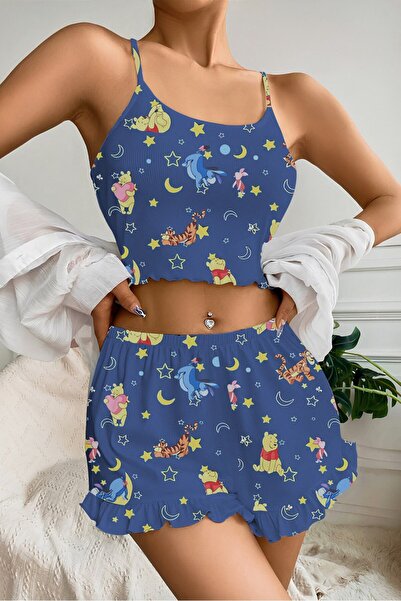 AURA Askılı mini şortlu pijama takımI WİNNİE THE POOH kaşkorse fitilli
