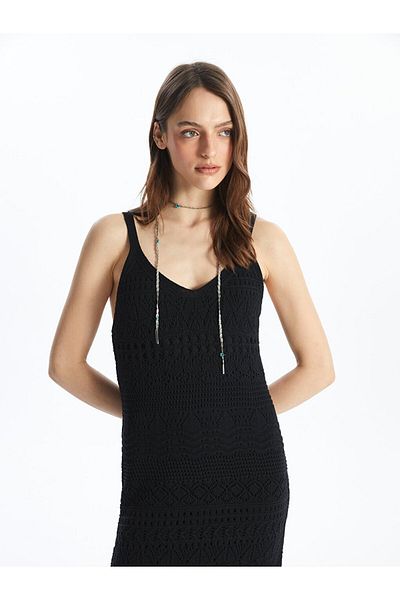 LC Waikiki V-Neck Women's Knitwear Dress - Openwork Straps