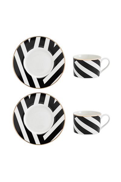 MIKASA Mkldgeocuppk2 Luxe Deco Geometric Stripes Set of 2 200ml Teacups and Saucers