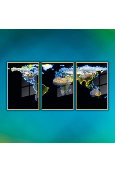 GAAGART Set of 3 Metal Framed Glass Painting Neon World Map