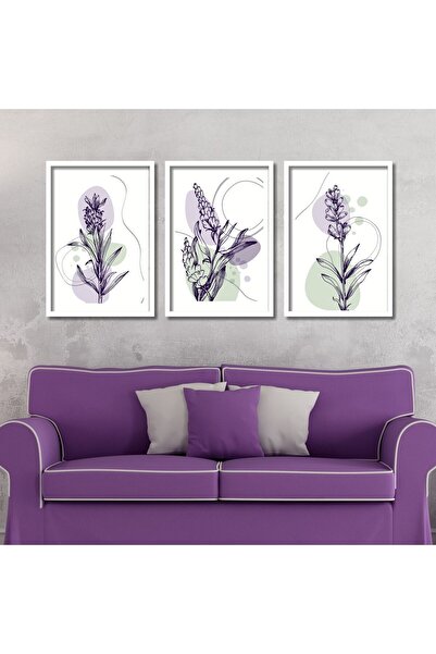 GAAGART 3'lü Ahşap Lamine Çerçeveli Mdf Tablo Çizgisel Lila Lavanta