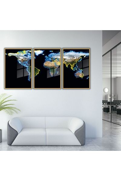 GAAGART Set of 3 Metal Framed Glass Painting Neon World Map