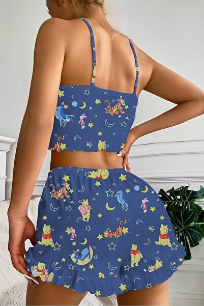 AURA Askılı mini şortlu pijama takımI WİNNİE THE POOH kaşkorse fitilli