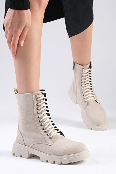 Mio Gusto Alvina bézs színű velúr fűzős és cipzáras vastagtalpú női csizma