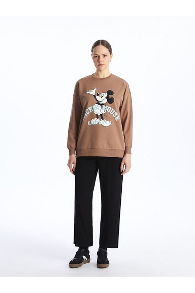 LC Waikiki Sweatshirt-Tunika mit Rundhalsausschnitt und Mickey Mouse-Print für Damen