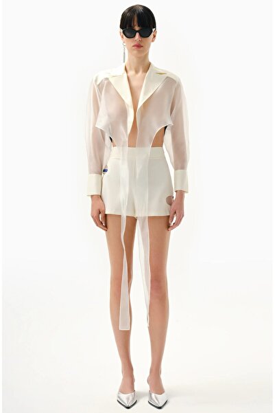 KNTLGY Kadın Dekolteli Ekru Mini Şort