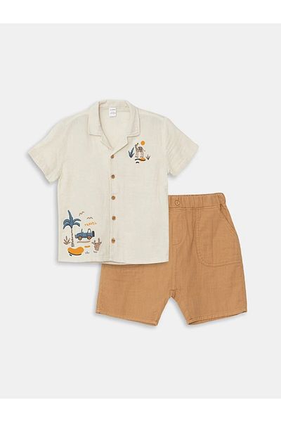 LC Waikiki Lcw Collar Short Sleeve Baby Boy Shirt and Shorts Set of 2