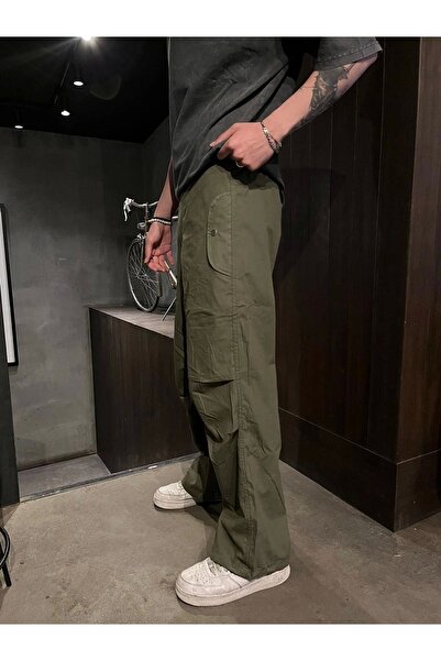 1blood Paraşüt Tarzı Haki Yeşil Baggy Jean Yazlık Kumaş Paça Lastikli