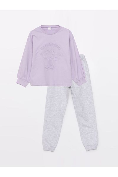 LC Waikiki Set de pijamale pentru fete cu mânecă lungă cu decolteu cu model