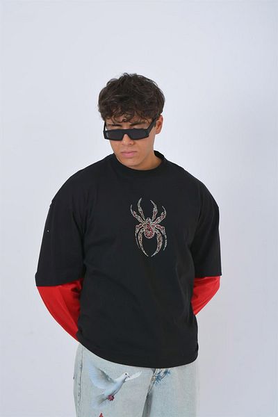 1blood Spider STONE EMBROIDERED BLACK RED LONG SLEEVE T-SHIRT STREET FASHION