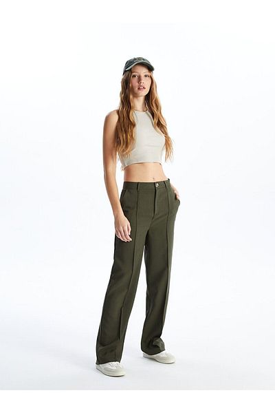 LC Waikiki LCW Vision Khaki Standard Fit Damenhose mit geradem Leinen-Look