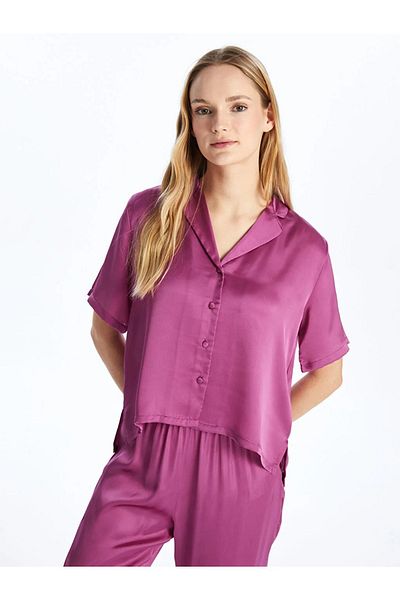 LC Waikiki LCW DREAM Set de pijamale pentru femei din satin cu mâneci scurte, cu guler de cămașă