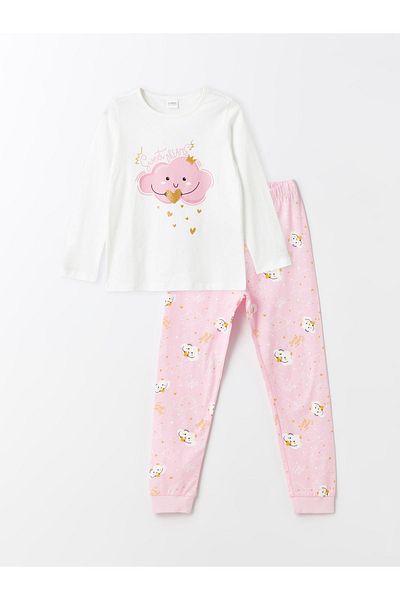 LC Waikiki Crew Neck - Dívčí pyžamový set s dlouhým rukávem s potiskem