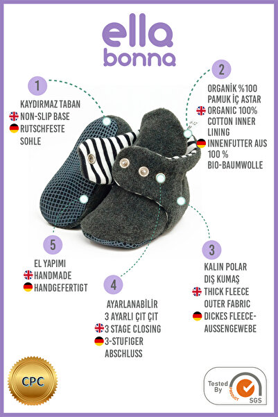 Ella Bonna Bebek Antrasit Kaydırmaz Taban Organik Pamuk Astarlı Ev Patiği