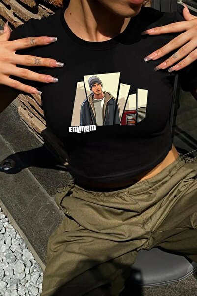 1blood Y2K Sokak Stili Eminem Gta Model Baskılı Kısa Kollu Siyah Crop Body