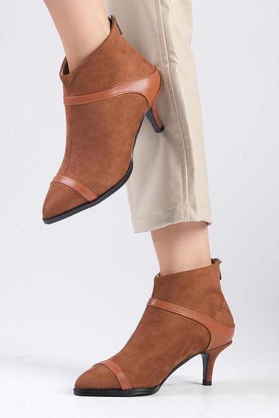 Mio Gusto Adel Brown Color Thin Fur Lined Short Heeled Women's Boots