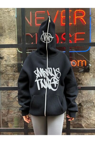 1blood SİYAH Baskılı 3 iplik kalın Minus Hırka Two Detail Fermuarlı Unisex Ov...