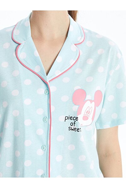 LC Waikiki Gömlek Yaka Mickey Mouse Baskılı Kısa Kollu Kadın Pijama Takımı