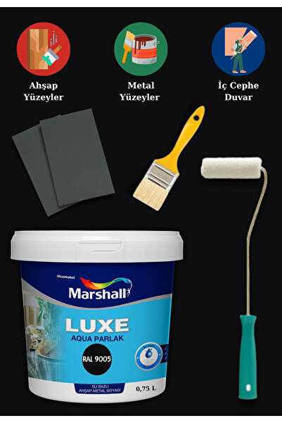 Marshall Luxe Aqua Parlak Su Bazlı Akrilik Dönüşüm Boyası 0,75 lt Ahşap Ve Metal Boya Seti Zımpara Rulo Fırça