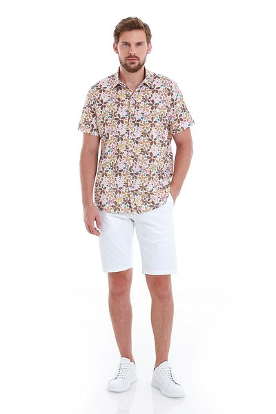 Hatemoğlu Καφέ Comfort Fit εμπριμέ 100% βαμβακερό κοντομάνικο πουκάμισο με λεπτή λαιμόκοψη