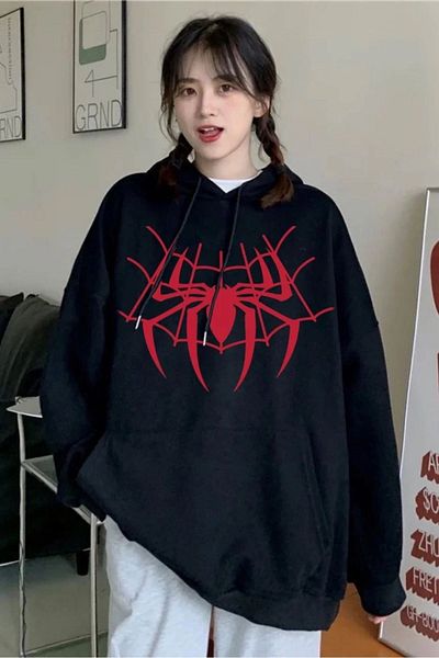 1blood Black Hooded Spiderman Web Ribbed Sweatshirt