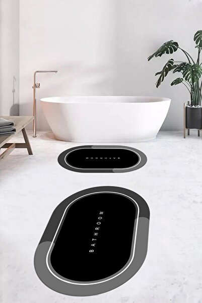 EY HOME Ψηφιακό τυπωμένο πλενόμενο σετ τουαλέτας με γραπτό οβάλ χαλάκι μπάνιου, OKLZT-1-BLACK,