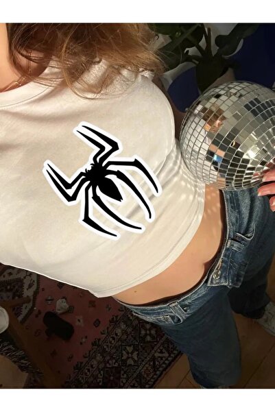 1blood Y2K Street Style Λευκό Γυναικείο Μαύρο Spiderman με μοτίβο αράχνης με κοντό μανίκι Crop Body