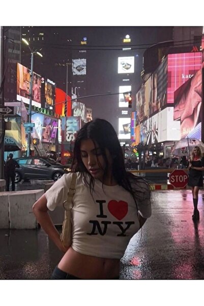 1blood Beyaz I Love NY Siyah Yazılı Detail Bluz Body Crop Top