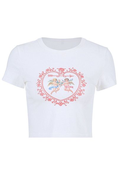 Gofeel Vintage Λευκό Διπλό Άγγελος Καρδιά Crop Angel Printed Casual Club Streetwear