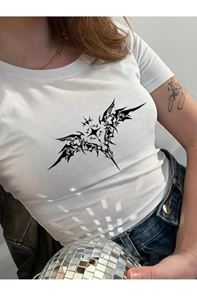 1blood Y2K Street Style White Wing Γυναικείο μαύρο μοτίβο κοντό μανίκι Crop κ...