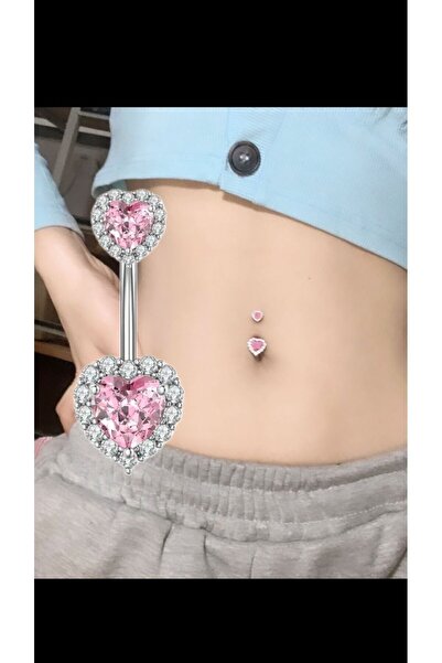 Arescollection cerrahi çelik pembe zirkon taşlı kalpli göbek piercingi