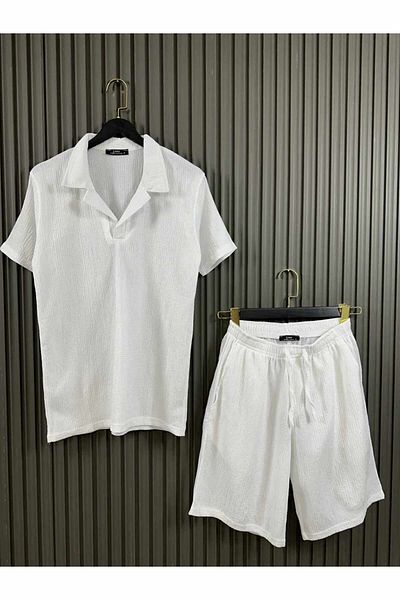 NO 601 Set de tricou și pantaloni scurți pentru bărbați cu guler înfășurat alb